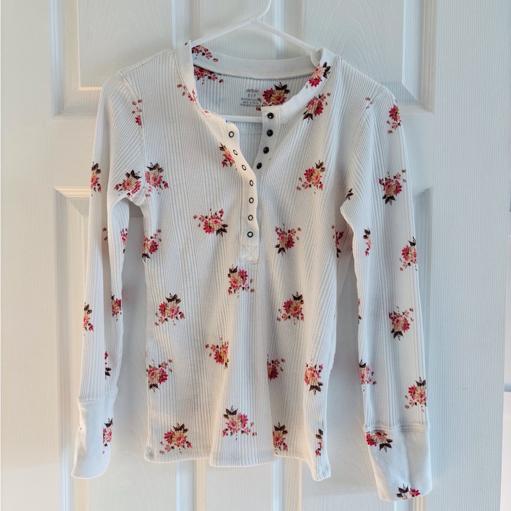 Aerie White Floral Henley Top